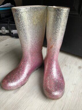 Cat Jack Galoshes Rain Boots Glitter Pink Silver Ombre Tall Girls 3
